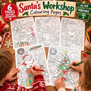 Peut inclure: Un ensemble de six pages de coloriage Santa's Workshop au format A4 imprimable en PDF, avec des illustrations en noir et blanc représentant le Père Noël, des lutins, des jouets et des sapins de Noël, incluant des scènes de cadeaux.