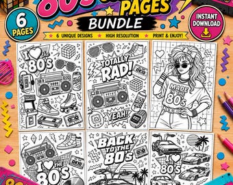Op de afbeelding: Een digitale bundel van zes kleurplaten in jaren 80-stijl met zwart-wit lijntekeningen van boomboxen, cassettebandjes, retro auto's en gestileerde tekst. De collectie bevat illustraties van een persoon, arcadespellen en geometrische patronen.