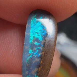 May include: A polished, elongated oval-shaped black opal gemstone featuring a vibrant, iridescent play of color with bright electric blue and green flashes set against a dark, earthy brown matrix background with a smooth, rounded surface texture.
