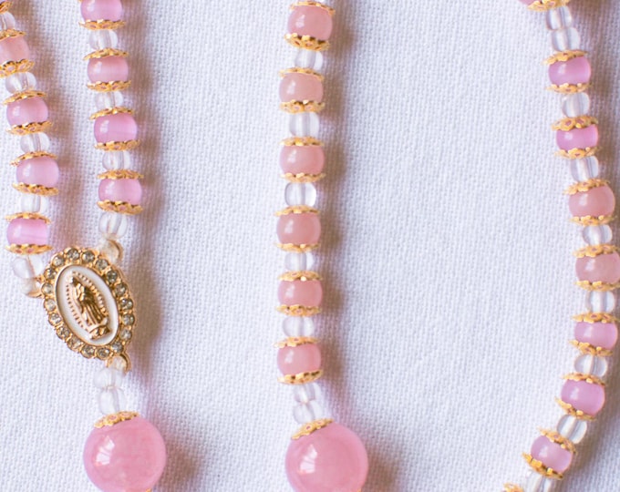 Featured listing image: Pink Quartz Rosary with Gold Accents | Handmade Catholic Prayer Beads, First Communion Gift for Girls, Confirmation Present, Marian Devotion