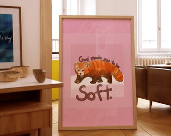 God heeft je zacht gemaakt | Christelijke muurkunstafdruk rode panda | Met de hand geïllustreerde op geloof gebaseerde poster, meisjeskamerdecoratie, katholieke kinderkamerkunst