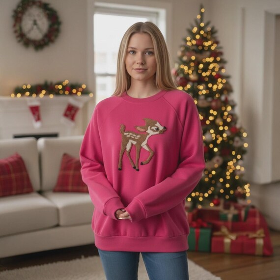 Vintage Sweatshirt Baby Rudolph Reindeer Chenille
