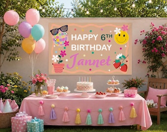 Custom Whimsical Retro Birthday Tapestry Banner.