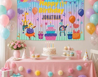 Personalized Tapestry Birthday Banner, Whimsical Animal Party Decor.