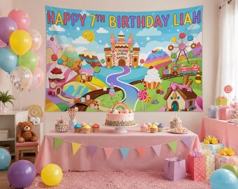 Custom Tapestry Banner, Personalized Candyland Birthday Banner