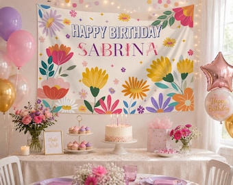 Custom Floral Tapestry Banner, Personalized Floral Party Backdrop