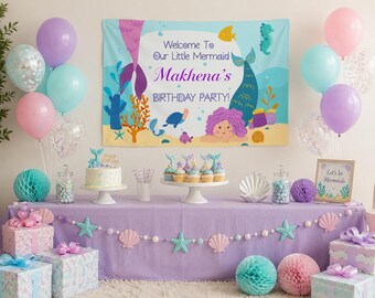 Custom Mermaid Birthday Tapestry Banner | Personalized Under the Sea Party Backdrop