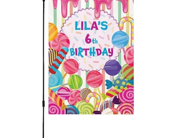 Sweet Candy Birthday Garden Flag – Personalized Colorful Lollipop Party Decor for Kids