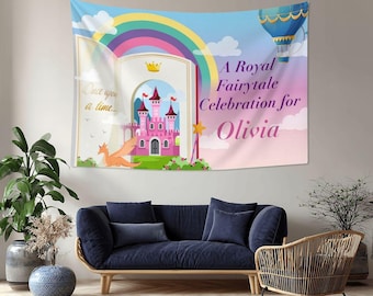 Personalized Fairytale Birthday Tapestry Banner, Fairytale Party Backdrop, Custom Name Princess Birthday Tapestry