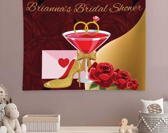 Custom Bridal Shower Tapestry Banner, Personalized Wedding Shower Backdrop, Romantic Red Rose & Champagne Party Decoration