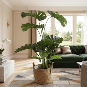 May include: A large Monstera plant with split green leaves in a woven basket. The basket is light brown and has handles. The plant is in a living room with a green sofa and patterned rug. The room has large windows and curtains.