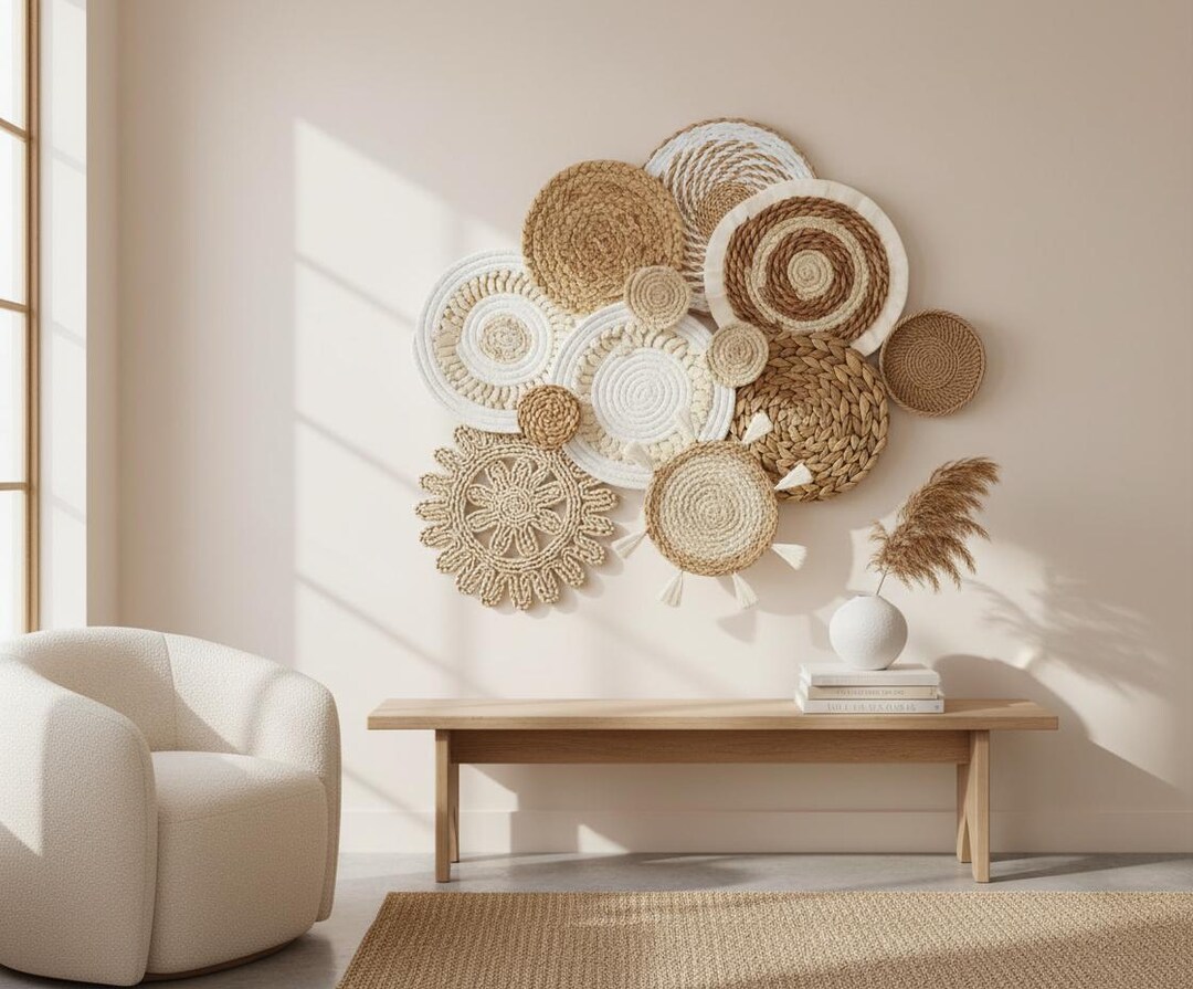 Handmade Woven Wall Basket Decor, Boho Natural Fiber Art, 11 Piece Set ...