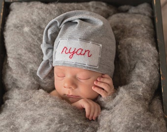 baby boy knot hat - personalize coming home outfit - newborn name hat - hospital hat - HEATHER GREY