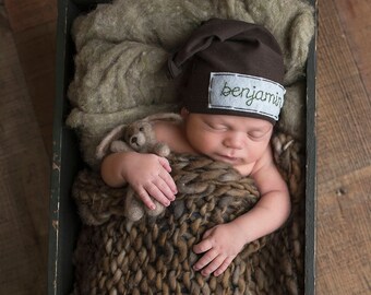 newborn boy coming home outfit - personalized baby hat - solid brown