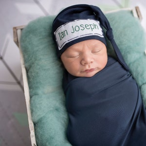 personalized baby hat - navy blue - newborn photo prop - baby boy gift - swaddle blanket