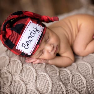 baby name hat - buffalo check - newborn photo prop - coming home outfit - new baby gift - baby shower gift - RED BUFFALO PLAID