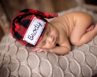 baby name hat - buffalo check - newborn photo prop - coming home outfit - new baby gift - baby shower gift - RED BUFFALO PLAID