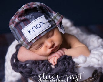 newborn personalized hat - newborn outfit - knot name hat - plaid hat - newborn photo prop - baby gift - gray tartan plaid