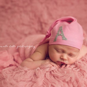 newborn hat monogrammed initial personalized baby gift baby boy baby girl unisex gender neutral photo prop pink