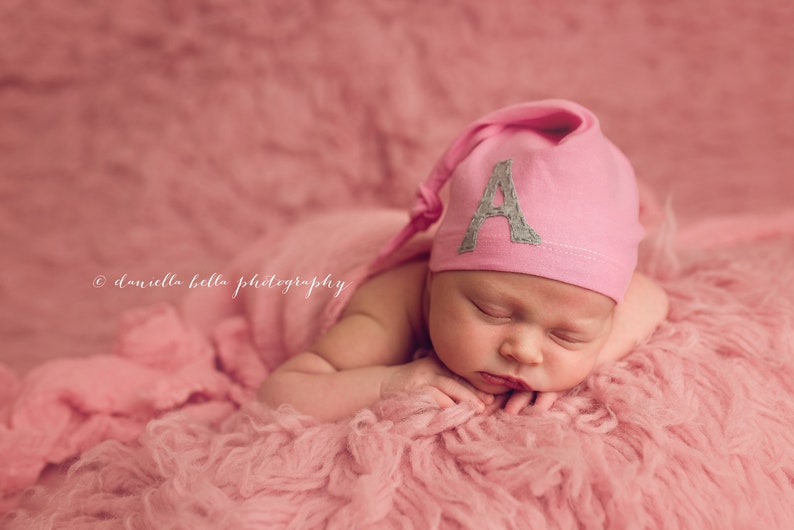 newborn hat monogrammed initial personalized baby gift baby boy baby girl unisex gender neutral photo prop pink