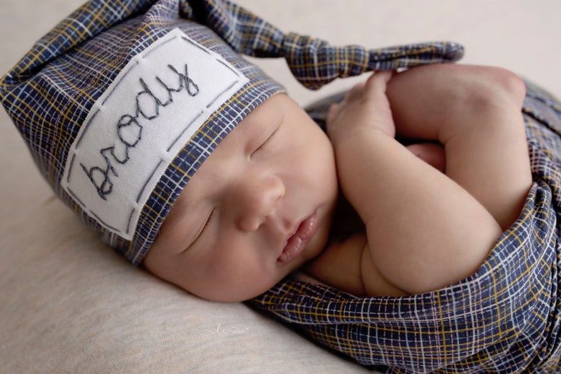 baby boy personalized baby hat hospital hat boy newborn photo prop CROSSHATCH image 1