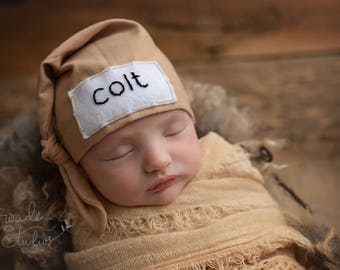 newborn photo prop - newborn boy coming home outfit - baby knot hat name - monogramed hat - personalized newborn hat - hospital hat