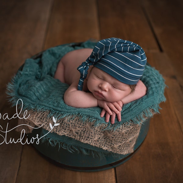 knot hat - slouchy beanie - baby boy - baby shower gift - newborn photography prop -  DARK TEAL STRIPE