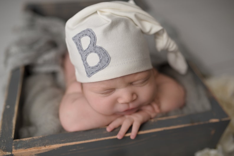 newborn hat monogrammed initial personalized baby gift baby boy baby girl unisex gender neutral photo prop image 1