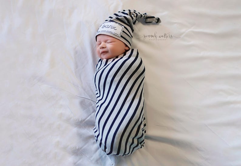 add a matching swaddle gray & navy stripe