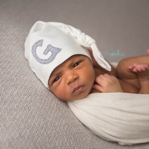 newborn hat monogrammed initial personalized baby gift baby boy baby girl unisex gender neutral photo prop ivory