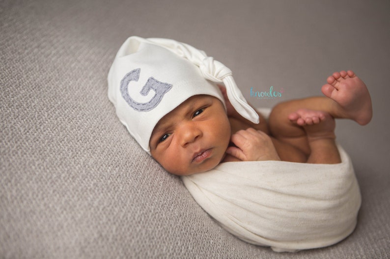 newborn hat monogrammed initial personalized baby gift baby boy baby girl unisex gender neutral photo prop ivory