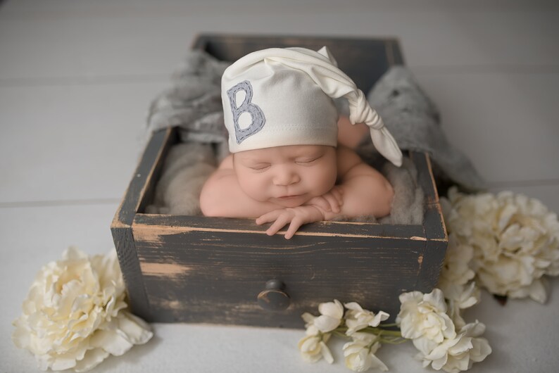 newborn hat monogrammed initial personalized baby gift baby boy baby girl unisex gender neutral photo prop image 2