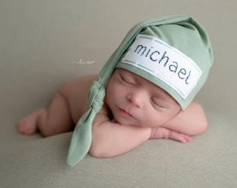 newborn photo prop - coming home outfit - baby boy - baby girl - knot hat - personalized gift - SAGE GREEN