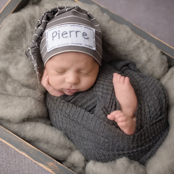 Personalized Newborn Hat - baby boy - baby shower gift - newborn prop - GRAPHITE STRIPE