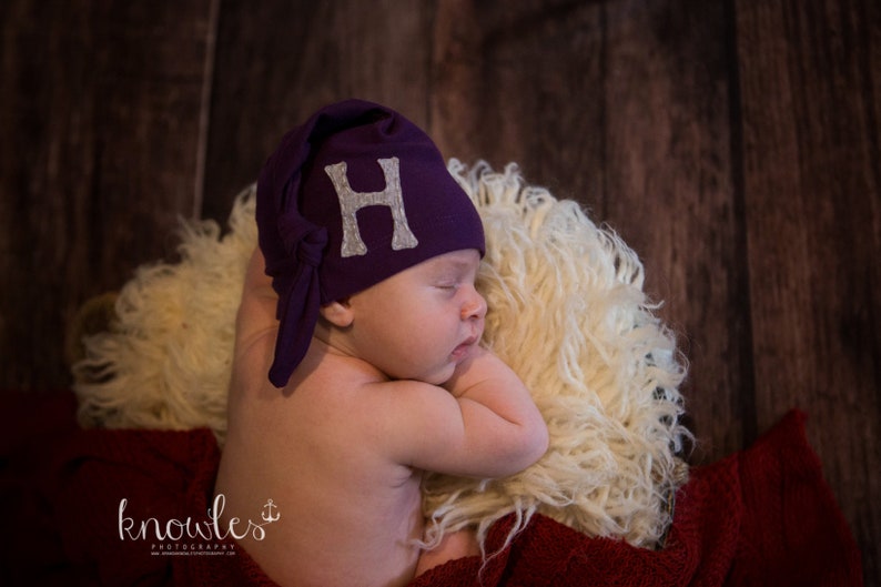 newborn hat monogrammed initial personalized baby gift baby boy baby girl unisex gender neutral photo prop purple
