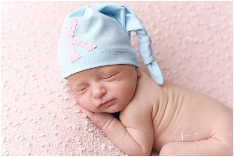 newborn hat monogrammed initial personalized baby gift baby boy baby girl unisex gender neutral photo prop baby blue