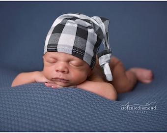 buffalo plaid - knot hat - baby beanie slouchy - baby boy - cool newborn outfits - baby shower gift - photo prop