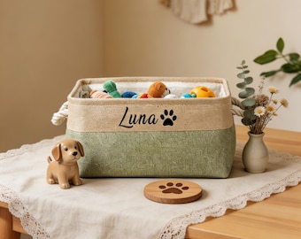 Personalized Pet Toy Basket Custom Embroidered Name Foldable Storage Bin for Dog Cat Puppy Kitten Pet Treats & Accessory Organizer Box