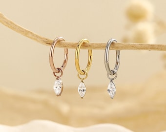 20G/18G/16G Titanium Earring Hoop with CZ Dangle, Threadless Push Pin Cartilage Hoop, Marquise Drop Nose Ring, Helix Tragus Conch Jewelry