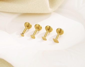 Titanium Diamond Shape Threadless Push Pin Labret, Flat Back Stud, Cartilage Tragus Helix Nose Stud, Simple Gold stud, 16G 18G 20G