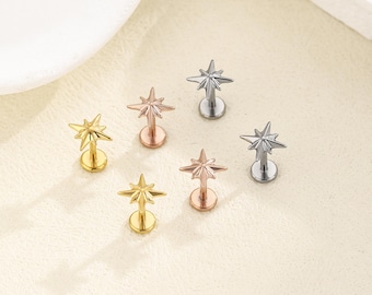 Titan Starburst fadenlose Push-Pin-Labret, kleine Kugel Ohrring mit flachem Rücken, Knorpel Tragus Helix Bolzen, kleiner Ohrstecker, Nasenstecker 16g 18g 20g
