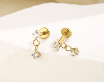 16g 18g 20g Titanium Two Stone Dangle Threadless Push Pin labret, Cz Dangle Flat Back Stud, Cartilage Stud, Conch Helix Stud