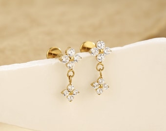 16g 18g 20g Titanium CZ Flower Dangle Threadless Push Pin Earring, Titanium Flat Back Cartilage Stud, Helix Tragus Conch Piercing Jewelry