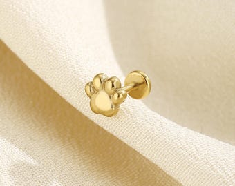 16g 18g 20g Titan Pfotenabdruck Ohrring mit flacher Rückseite, Titan fadenloser Druckstift-Bolzen, niedliche Katze Hund Pfote Knorpel Helix Tragus Labret