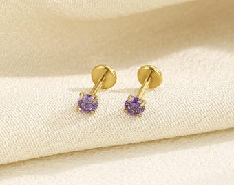 16g 18g 20g Titan Amethyst Cz fadenlose Push Pin Labret, lila Cz Flachrücken Ohrring, Knorpel Tragus Helix Bolzen, kleiner Nasenstecker