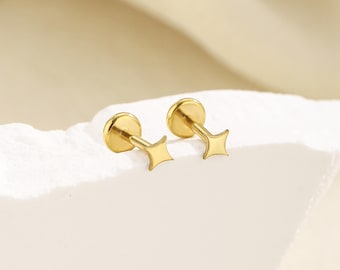 Titan Stern fadenlos Push-Pin Labret, 4-Punkt-Stern Bolzen mit flachem Rücken, Knorpel Tragus Helix Nasenstecker, Gold kleiner Stern, 16G 18G 20G