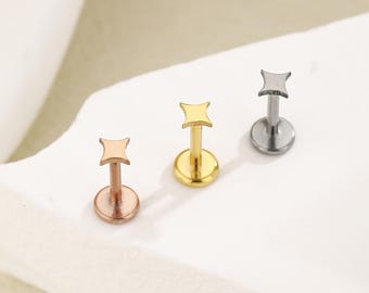 Titan Stern fadenlos Push-Pin Labret, 4-Punkt-Stern Bolzen mit flachem Rücken, Knorpel Tragus Helix Nasenstecker, Gold kleiner Stern, 16G 18G 20G