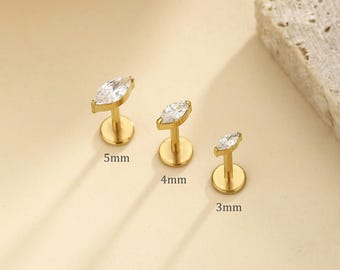 Labret de titanio con piedra de circonita cúbica talla marquesa sin rosca, pendiente de circonita cúbica con parte trasera plana, pendiente para cartílago, tragus o hélix, pendiente pequeño, pendiente para nariz de 16 g, 18 g y 20 g.