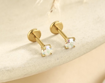 16g 18g 20g Titanium AB Rainbow Cz Threadless Push Pin Labret, Flat Back Earring, Cartilage Tragus Helix Stud, Small Stud, Nose Stud