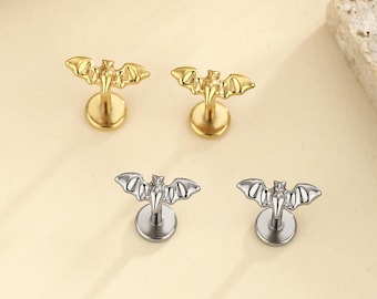 16g 18g 20g Titanium Bat hreadless Push Pin Stud, Flat Back Earring, Cartilage Tragus Helix Conch Stud